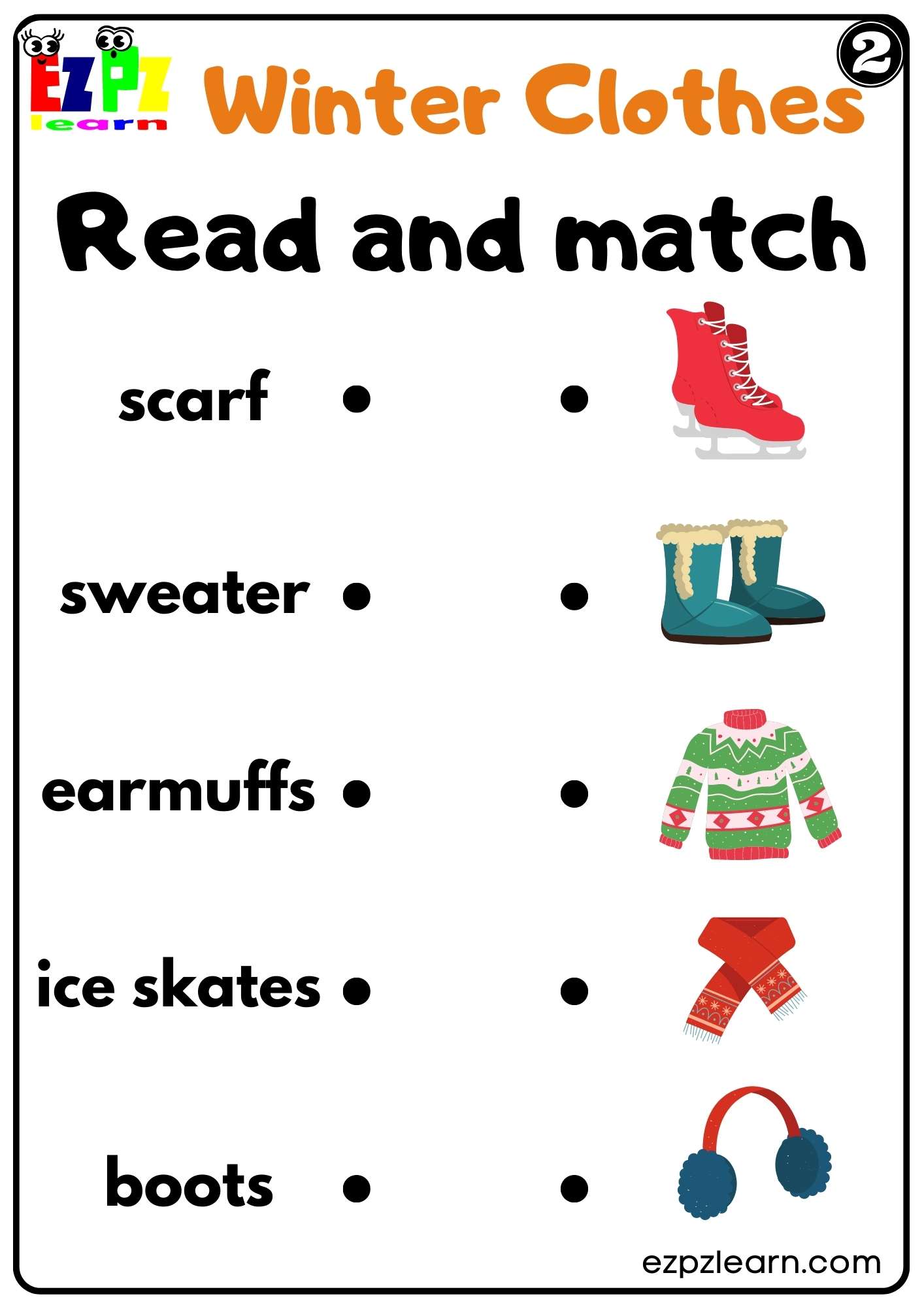Winter Clothes Read and Match Worksheet K5 and ESL PDF Download Set 2